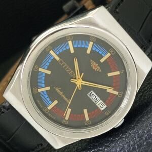 Vintage 1982 Citizen Automatic Mens Silver Watch W/daydate & Red/Blue accents